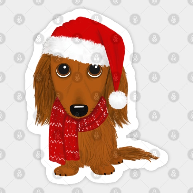 Longhaired Dachshund with Santa Hat Cute Christmas Wiener Dog Sticker by Coffee Squirrel